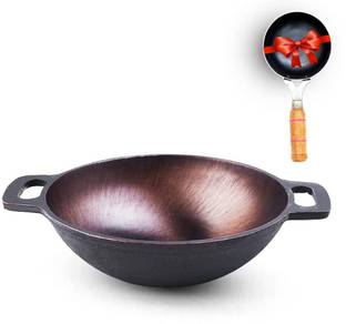 The Indus Valley Super Smooth Cast Iron Kadai with Free Iron Tadka Pan | 25.4cm/ 10Inch, 2.5Ltr Induction Bottom Cookware Set