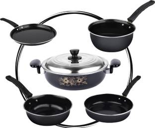 MY STORE Non-Stick Cookware Set (6 Pcs) Kadhai with Lid, Tawa, Frypan, Saucepan, Tadka - Induction Bottom Non-Stick Coated Cookware Set