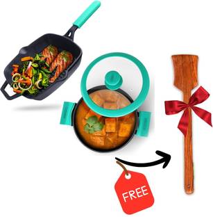 Gemma Combo of 2, Cast Iron Kadhai With Lid N Nonstick Cast Iron Grill Pan | Black Induction Bottom Non-Stick Coated Cookware Set