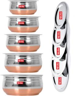 Nirvika Stainless Steel Copper Bottom Handi/Urli With Lid set of 5 Piece Induction Bottom Non-Stick Coated Cookware Set
