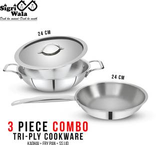 Sigri-wala TRIPLY 3 PCS COMBO SET KADAI 24cm, FRY PAN 24cm,LID 24cm Induction Bottom Cookware Set