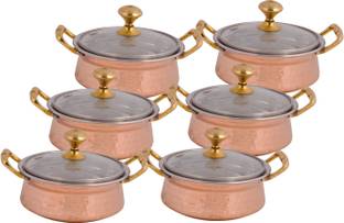 Shivshakti Arts Steel Copper Royal Handi/Casserole with Glass Lid & Brass Handles(400 ML,NO-1) Cookware Set