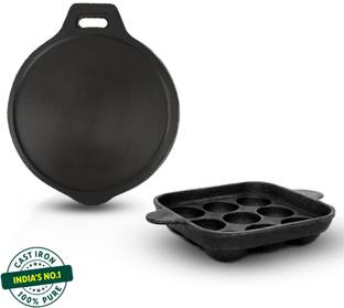 The Indus Valley Pre-Seasoned Cast Iron Cookware Set | Paniyaram Pan (24 cm) + Tawa (28cm) Cookware Set