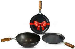 The Indus Valley Pre Seasoned Iron Cookware Set- Wok (10 inch) + Pan (10 inch) + Tawa (10 inch) Induction Bottom Non-Stick Coated Cookware Set