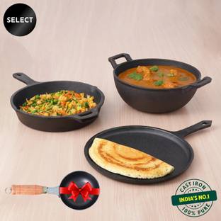 The Indus Valley Pre-Seasoned Cast Iron Cookware Set +Free Tadka Pan|Set of Tawa, Kadai & Fry Pan Induction Bottom Cookware Set