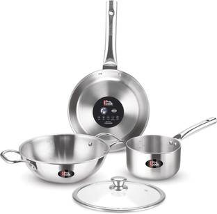 MILTON Procook Cookware Saucepan 16cm, Frypan 22cm,Kadai with Glass Lid 24cm, SS Handle Induction Bottom Non-Stick Coated Cookware Set