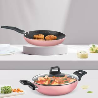 BOROSIL Festive Glory Kadhai, Fry Pan & Lid, Metal Spoon Friendly, Thick Uniform Body Induction Bottom Non-Stick Coated Cookware Set