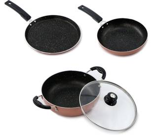 Flipkart SmartBuy 3 Piece Non-Stick Combo Set of Spetter Dosa Tawa,Fry Pan & Kadhai With Glass Lid Induction Bottom Non-Stick Coated Cookware Set