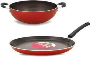NAVRANG NONSTICK 2PCS COMBO SET DOSA TAWA 260+KADAI 220 MM, NON IB, RED Non-Stick Coated Cookware Set