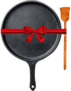 The Indus Valley Pre-Seasoned Cast Iron Tawa with Free Wooden Spatula | 25.7cm/10.3 inch Induction Bottom Cookware Set