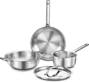 Prestige TriPly 3 pcs BYK-Fry Pan 24cm/1.7L+Kadai 24cm/2.7L SS Lid, Sauce Pan 16cm/1.5L Induction Bottom Cookware Set
