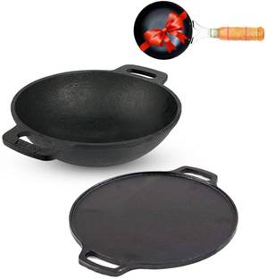The Indus Valley Pre-Seasoned Cast Iron Cookware Set + Free Tadka Pan | Set of Tawa + Kadai Induction Bottom Cookware Set