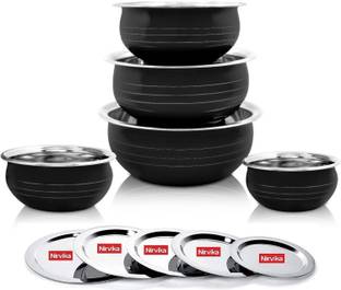 Nirvika Stainless Steel powder coating handi with lid/Serving Bowl 5 Piece Black Pot Pan Cookware Set