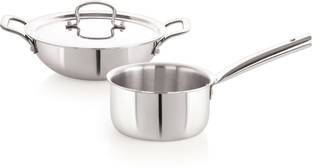 iVBOX Platina-Pro 3pcs Triply Steel 16cm Sauce Pan/Milk Pan and 24cm Kadhai With Lid Induction Bottom Cookware Set