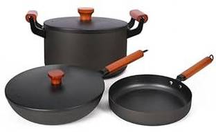 UMAI 3pcs Cast Iron Pots And Pans Cookware With Wooden Handle Induction Bottom Non-Stick Coated Cookware Set