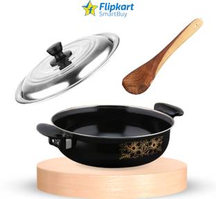 Flipkart SmartBuy Kitchen Non-Stick Combo Pack of Kadhai with Lid and Wooden Spatula - 4 Induction Bottom Non-Stick Coated Cookware Set