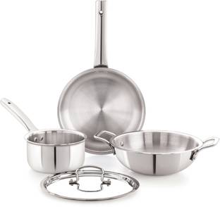 iVBOX Platina-Pro 4pcs Triply Steel Fry pan, Milk Pan and Kadhai With Lid Induction Bottom Cookware Set