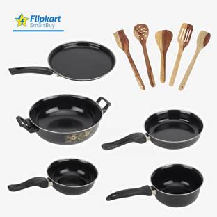 Flipkart SmartBuy Set of Kadhai, Tawa, Fry Pan, Sauce Pan, Tadka Pan & 5 Wooden Spatula 06 | Induction Bottom Non-Stick Coated Cookware Set