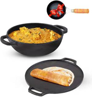 The Indus Valley Pre-Seasoned Cast Iron Cookware Set + Free Iron Tadka Pan | Set of Kadai & Tawa Induction Bottom Cookware Set