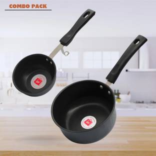 LAZYwindow Premium Quality Nonstick Cookware Combo - Tadka Pan, Souce Pan. Black Induction Bottom Non-Stick Coated Cookware Set