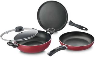 Prestige Omega Deluxe Plus BYK Set of 3-Tawa, Fry Pan & Kadai with Glass Lid Induction Bottom Non-Stick Coated Cookware Set