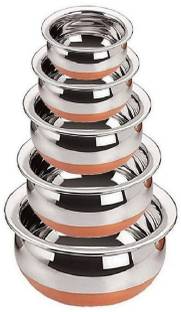 RBGIIT Pack of 5 Stainless Steel Stainless Steel Copper Bottom Cooking Serving Pot Induction Bottom Non-Stick Coated Cookware Set