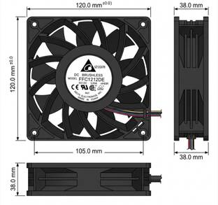 Black Air 5500RPM 12038 12V DC 3A FFC1212DE | High CFM 4 WIRES SERVER FAN | DUAL BEARING Cooling Fan C...