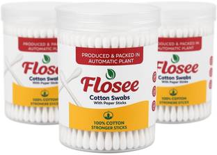 Flosee Cotton Ear Buds Swabs Round Storage Jar, Paper Stems - 200 Swabs Pack of 3