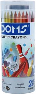 DOMS 28 Shades Erasable Plastic Crayons Round Tin Box Bright & Playful Colors