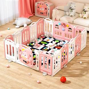 Hukimoyo 14 Panel Foldable Baby Playpen with Mat & Safety Lock Big Size Playpen for Kids