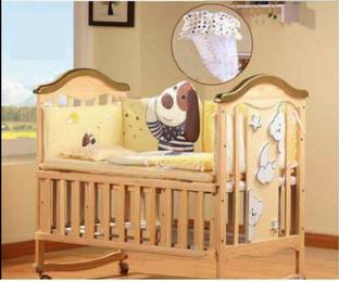 BabyTeddy 12 in 1 Bruno The Dog Baby Crib Wooden Cot Bed with 6 PC Bumper Set Mosquito Net