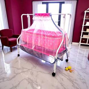 KIDDERY MAIA Premium Cradle for Infant with Mosquito Net & 4 Wheels Lock 0-8 Months Age