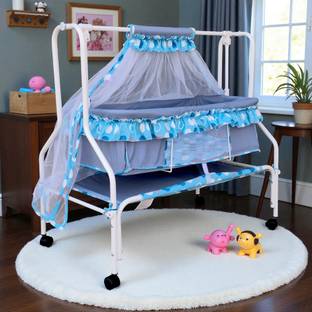KIDDERY Ares | Value Baby Cradle | New improved Mattress Design | 25% More Space for Baby | Mosquito Protection Net | All Wheel Lock | 0-8 months | Blue