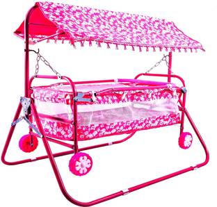 Rudra creations Foldable Cradle with Mosquito Net & Wheels, Baby Swing Crib Bassinet