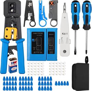 CLUSPEX Crimp Tool Kit CAT5 CAT5E CAT6 RJ45 Crimping Tool, 50PCS RJ45 CAT6 Pass Through Connectors, 50PCS Covers, Network Cable Tester, Wire Punch Down Cutter (Blue) Manual Crimper