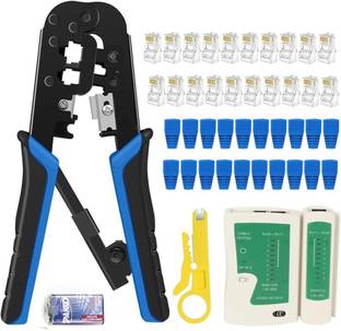 coolcold RJ45 Crimping Tool Kit Ethernet Crimp Set, RJ-11, 6P/RJ-12, 8P/RJ-45 Crimp, with 20PCS CAT5 Connectors, Covers,1 Network Cable Tester 1 Wire Stripper Manual Crimper
