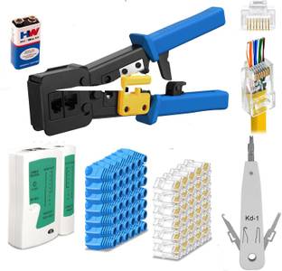 Sadow RJ45 Crimping Tool Kit Pass Through Crimper Stripper for Cat5 Cat6 Pass Through Connector With Cable Tester 50Pcs Connector 50Pcs Boot Kd1 Punch Down Manual Crimper