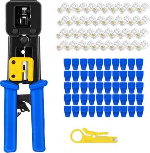 coolcold Tools Kit, RJ45 Crimping Tool Ethernet Crimper for Cat6 Cat5 Cat5e RJ45 Pass Through 50 Connectors, 50Pcs Boot Covers and 1 Cable Cutter Corded Crimper