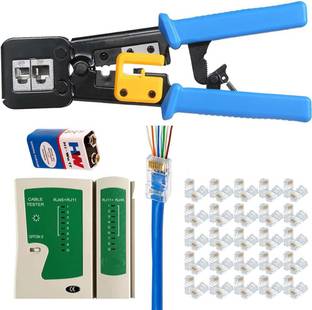 Techy-tech Crimp Tool Kit CAT5 CAT5E CAT6 RJ45 Crimping Tool, 50PCS RJ45 Pass Through Connectors, Network Cable Tester, 9 Volt Battery Manual Crimper