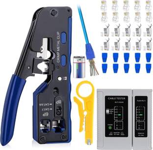 XIKKART RJ45 Crimping Tool Kit, Passthrough Cat7 Cat6A Cat6 Cat5E Cat5 RJ45 Ethernet Crimp Tool with 10PCS Cat7 Connector 10PCS Cat6 Connector 10PCS Covers 1 Tester Manual Crimper