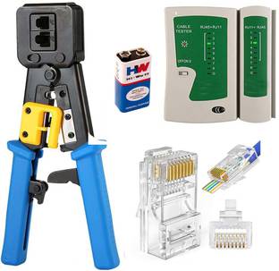 Techy-tech Crimp Tool Kit CAT5 CAT5E CAT6 RJ45 Crimping Tool, 25PCS RJ45 Pass Through Connectors, Network Cable Tester, 9 Volt Battery Manual Crimper