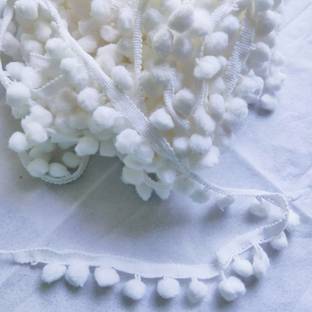 RainbowJunction 10 Count mtr White PomPom Lace For DIY Art Craft,Dupatta,Suits,Saree, Blouses, Embroidery Cross Stitch Matte Cloth