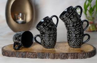 KTCeStore Pack of 6 Ceramic Exclusive New Black Cut Design Ceramic Tea/ Coffee Cups