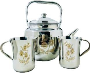 CLASY Pack of 3 Stainless Steel Tea Kettle Laser Printed With 2 Cup Laser Printed Set