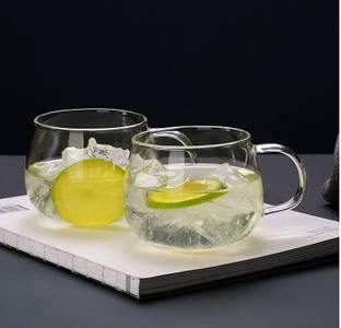 PINJAS Pack of 2 Glass Green Tea Mug, Soup Bowl Jumbo Glass Cup with Handle for Coffee