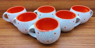 laghima jadon Pack of 6 Ceramic Tea/Coffee Cups Chai Round Shape Marble Matte Latest cup 120ML (White & Orange)