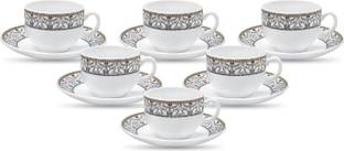 PKMSHO Pack of 12 Opalware Designer 6 Cup & 6 Saucer Set Gold, (White,cup 160ml)