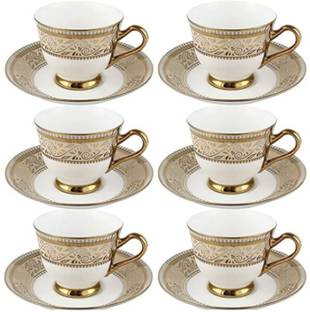 MDNSHO Pack of 12 Bone China Gold Designer Tea & Coffee Bone China Cup Saucer
