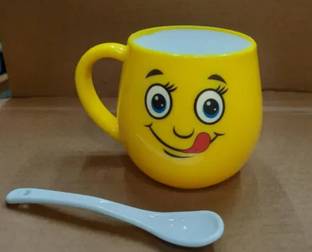 Veryke Pack of 1 Ceramic plastic Smiley Face Cups Emoji Style Tea Cup with Handle Microwave Safe Tea Cup/Coffee Cup of 1 pic(Yellow - 1 Piece Random Design)