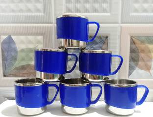 Anixa Creation Pack of 6 Stainless Steel, Plastic Tea cups | Stainless Steel tea cup set of 6 | Outer Plastic | Coffee Mug